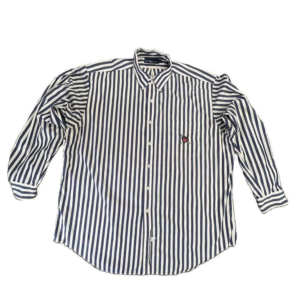Vintage Ralph Lauren Shirt XL Mens Blue & White Stripe Golf Logo Cotton